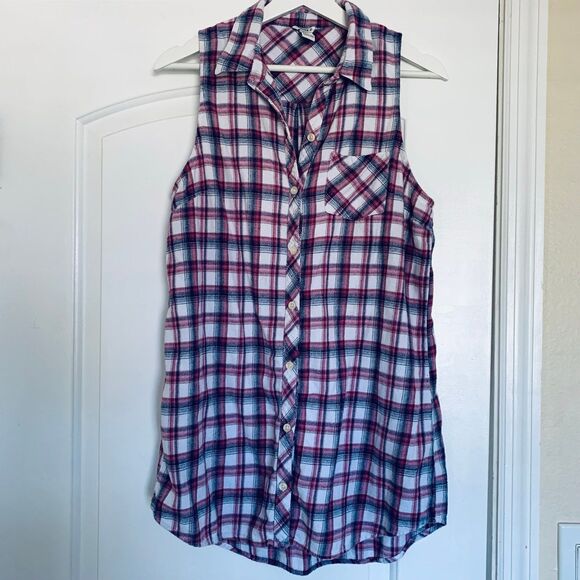 Forever 21 Red, Navy & White Plaid Flannel Button-Down Tunic Tank Shirt | Size L - Picture 2 of 10